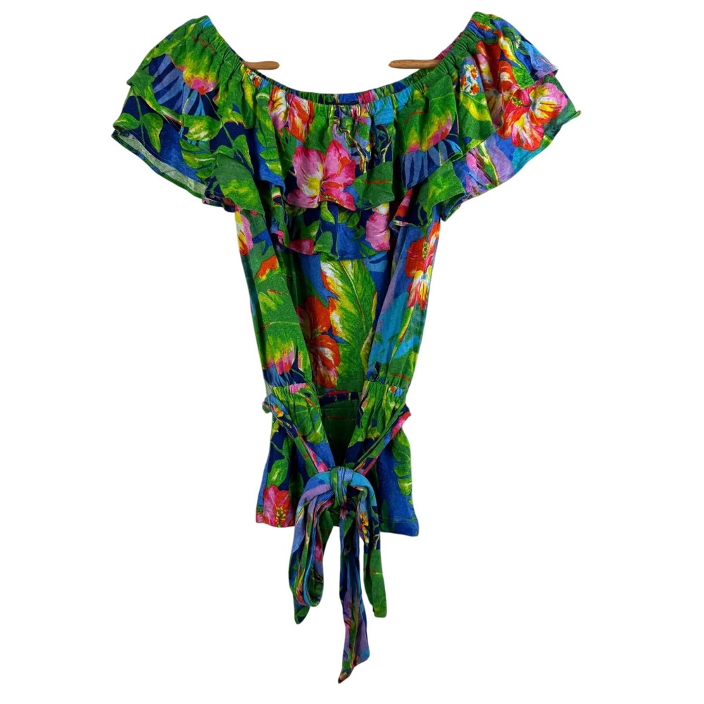 Lauren Ralph Lauren Tropical Floral Linen Top XXS Blue Green‎ Boho Resort Ruffle - Picture 2 of 8